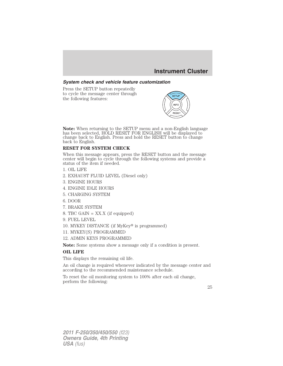 System check and vehicle feature customization, Instrument cluster | FORD 2011 F-550 v.4 User Manual | Page 25 / 449
