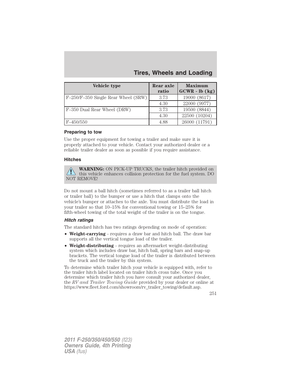 Preparing to tow, Hitches, Hitch ratings | Tires, wheels and loading | FORD 2011 F-550 v.4 User Manual | Page 251 / 449