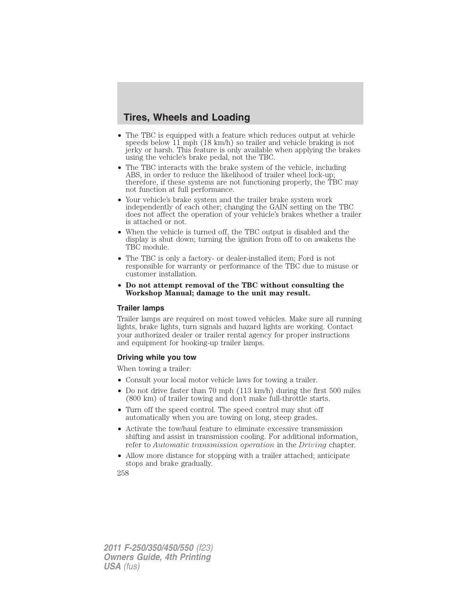 Trailer lamps, Driving while you tow, Tires, wheels and loading | FORD 2011 F-550 v.4 User Manual | Page 258 / 449