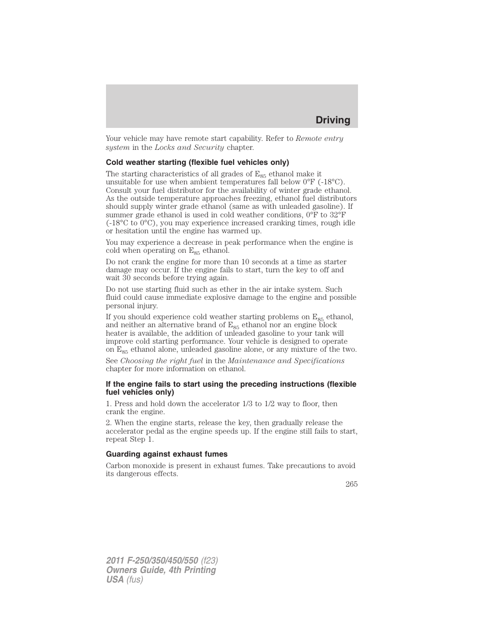 Guarding against exhaust fumes, Driving | FORD 2011 F-550 v.4 User Manual | Page 265 / 449
