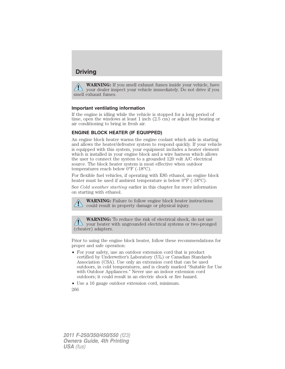 Important ventilating information, Engine block heater (if equipped), Driving | FORD 2011 F-550 v.4 User Manual | Page 266 / 449