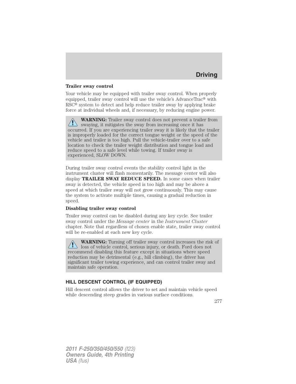 Hill descent control (if equipped), Hill descent control, Driving | FORD 2011 F-550 v.4 User Manual | Page 277 / 449