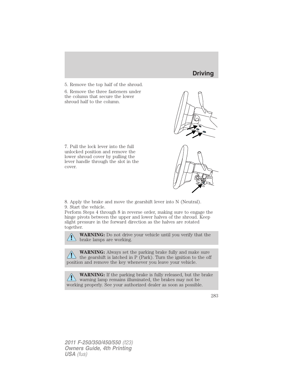 Driving | FORD 2011 F-550 v.4 User Manual | Page 283 / 449