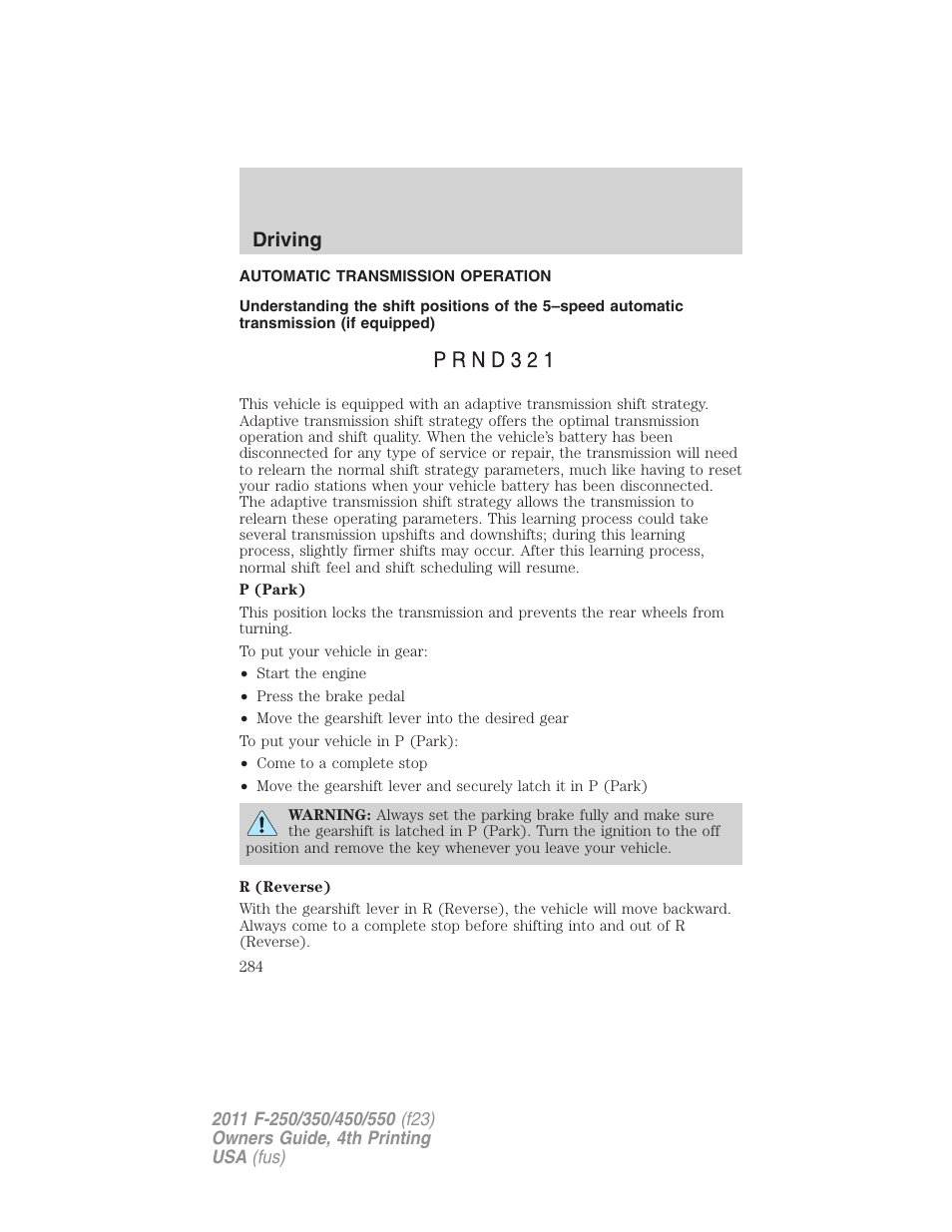 Automatic transmission operation, Transmission operation, Driving | FORD 2011 F-550 v.4 User Manual | Page 284 / 449