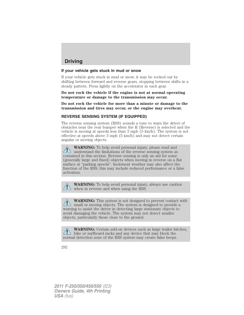 If your vehicle gets stuck in mud or snow, Reverse sensing system (if equipped), Reverse sensing system | Driving | FORD 2011 F-550 v.4 User Manual | Page 292 / 449