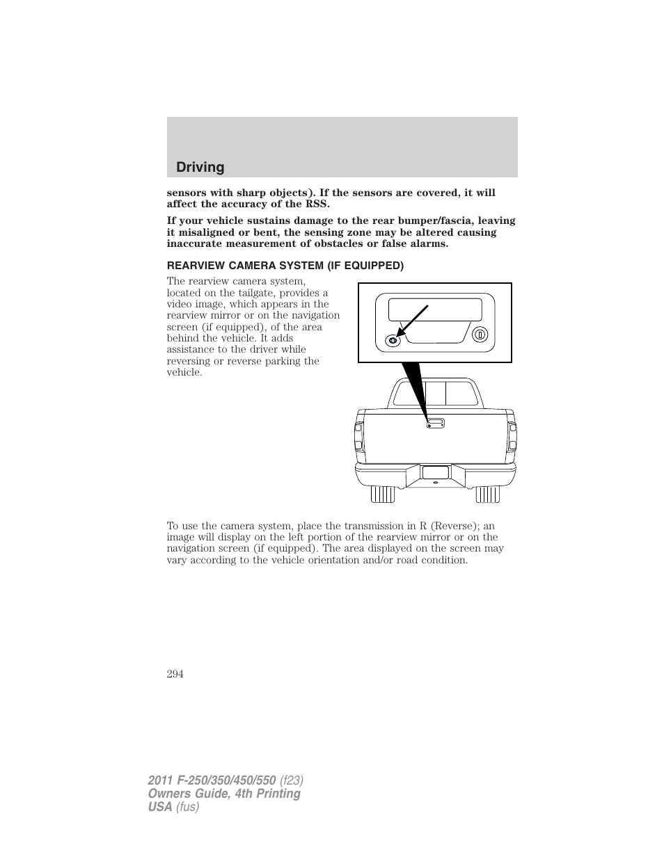 Rearview camera system (if equipped), Rear-view camera system, Driving | FORD 2011 F-550 v.4 User Manual | Page 294 / 449