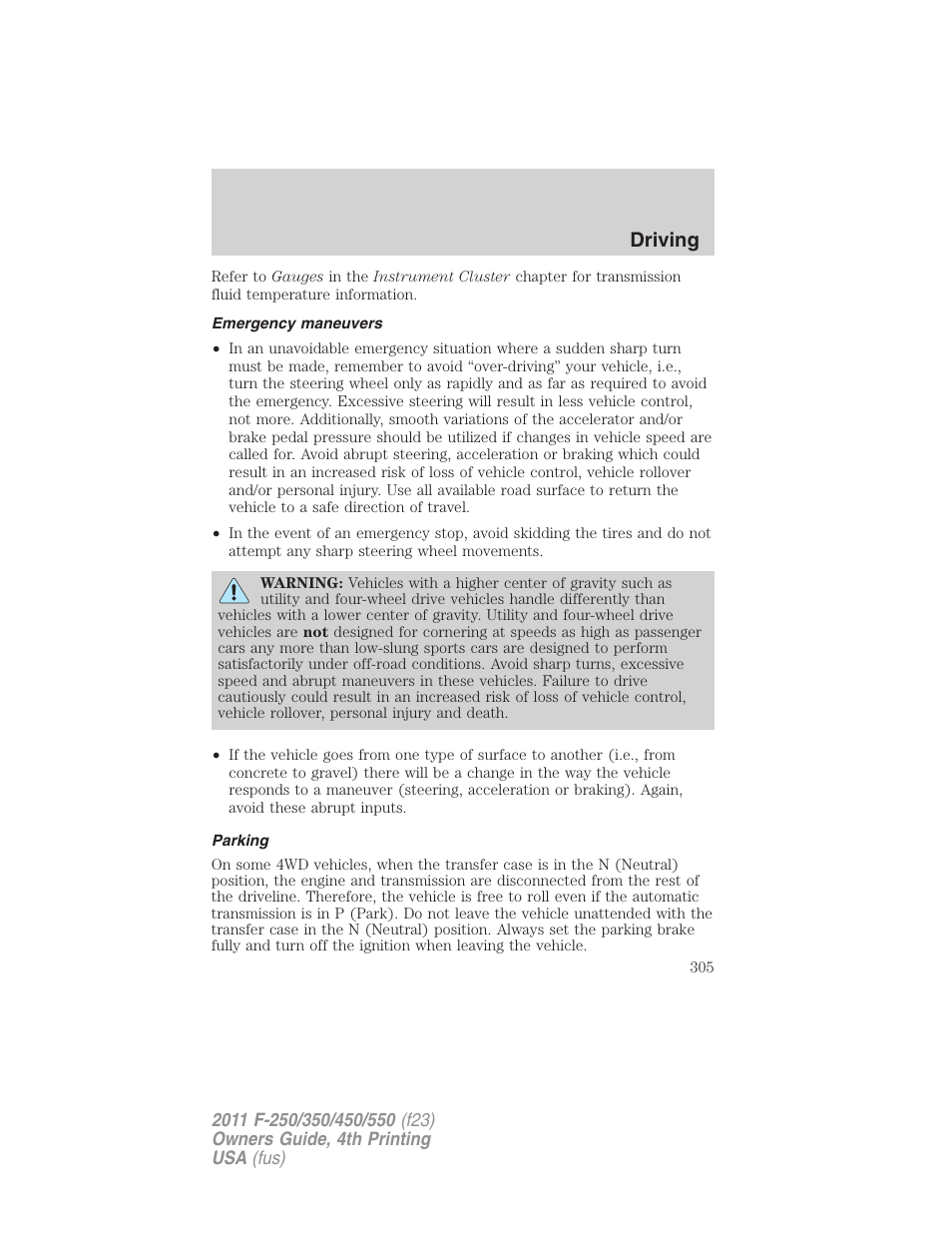 Emergency maneuvers, Parking, Driving | FORD 2011 F-550 v.4 User Manual | Page 305 / 449