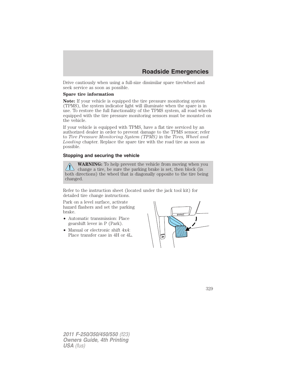 Stopping and securing the vehicle, Roadside emergencies | FORD 2011 F-550 v.4 User Manual | Page 329 / 449