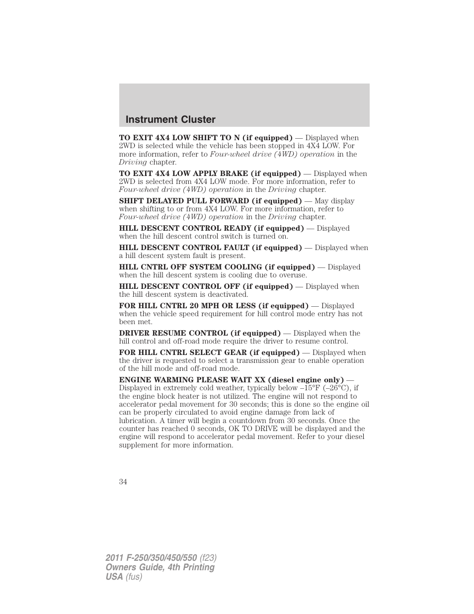 Instrument cluster | FORD 2011 F-550 v.4 User Manual | Page 34 / 449