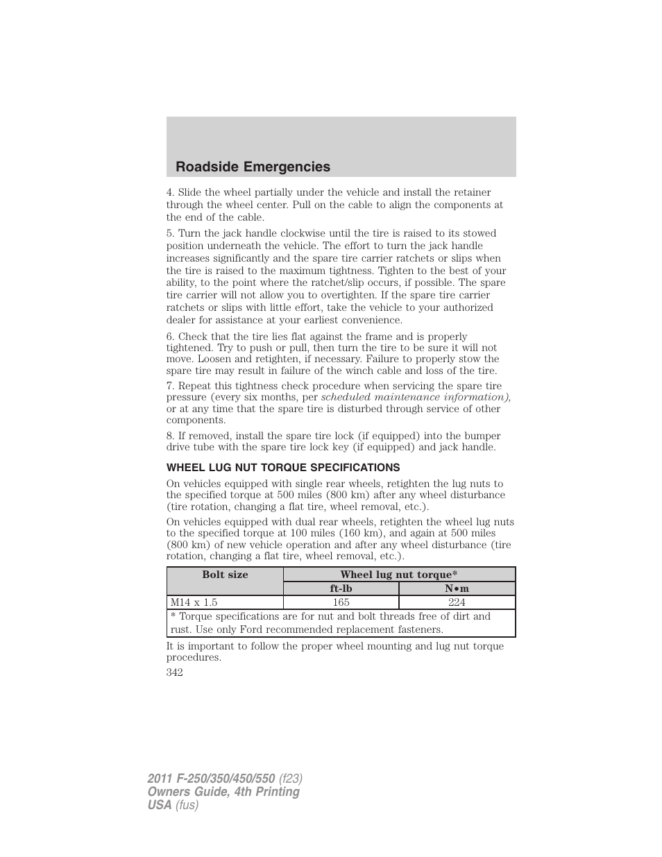 Wheel lug nut torque specifications, Wheel lug nut torque, Roadside emergencies | FORD 2011 F-550 v.4 User Manual | Page 342 / 449