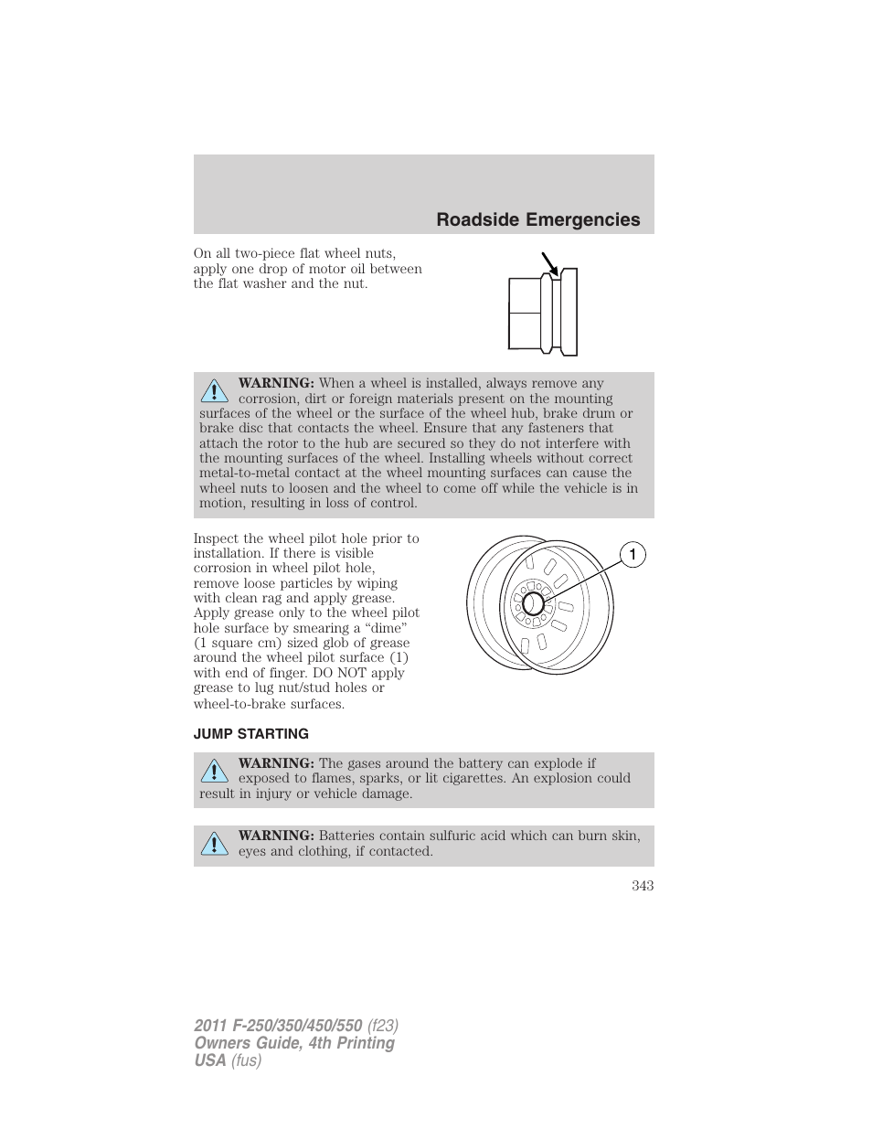 Jump starting, Roadside emergencies | FORD 2011 F-550 v.4 User Manual | Page 343 / 449