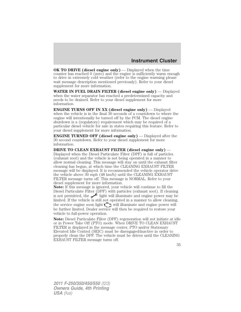 Instrument cluster | FORD 2011 F-550 v.4 User Manual | Page 35 / 449