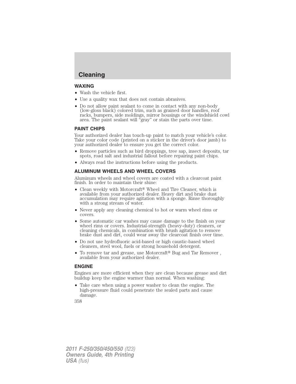 Waxing, Paint chips, Aluminum wheels and wheel covers | Engine, Cleaning | FORD 2011 F-550 v.4 User Manual | Page 358 / 449