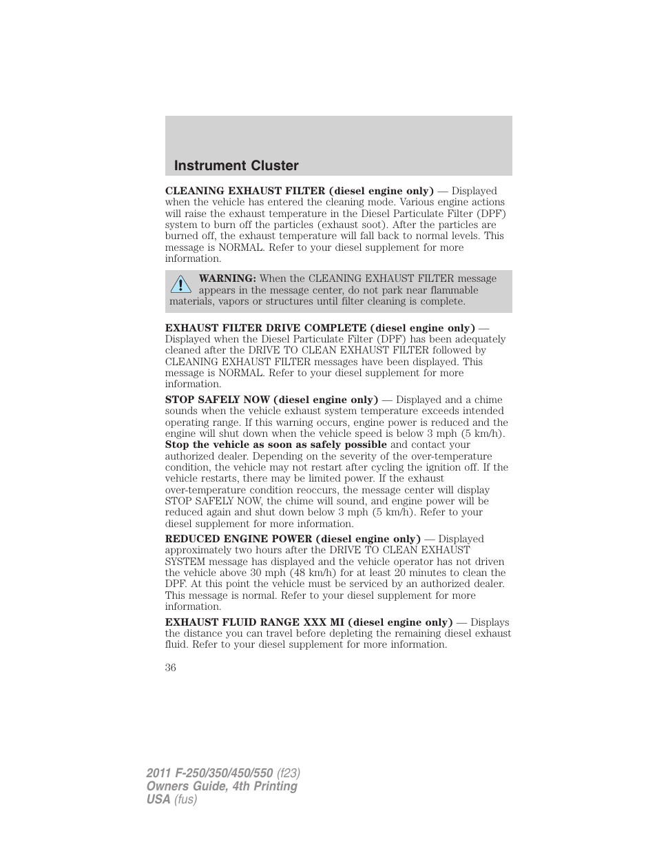 Instrument cluster | FORD 2011 F-550 v.4 User Manual | Page 36 / 449