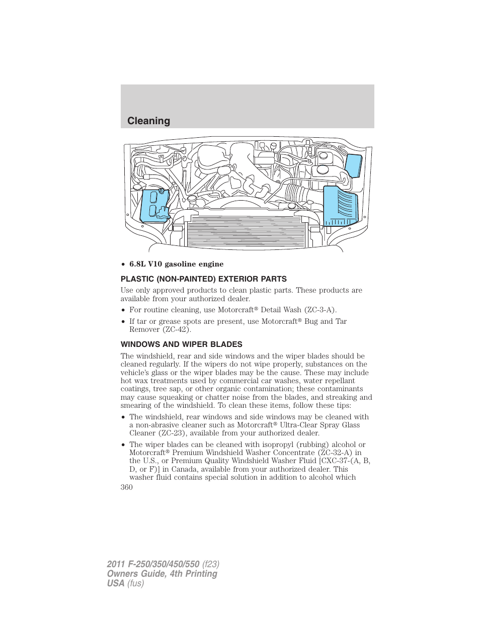 Plastic (non-painted) exterior parts, Windows and wiper blades, Cleaning | FORD 2011 F-550 v.4 User Manual | Page 360 / 449