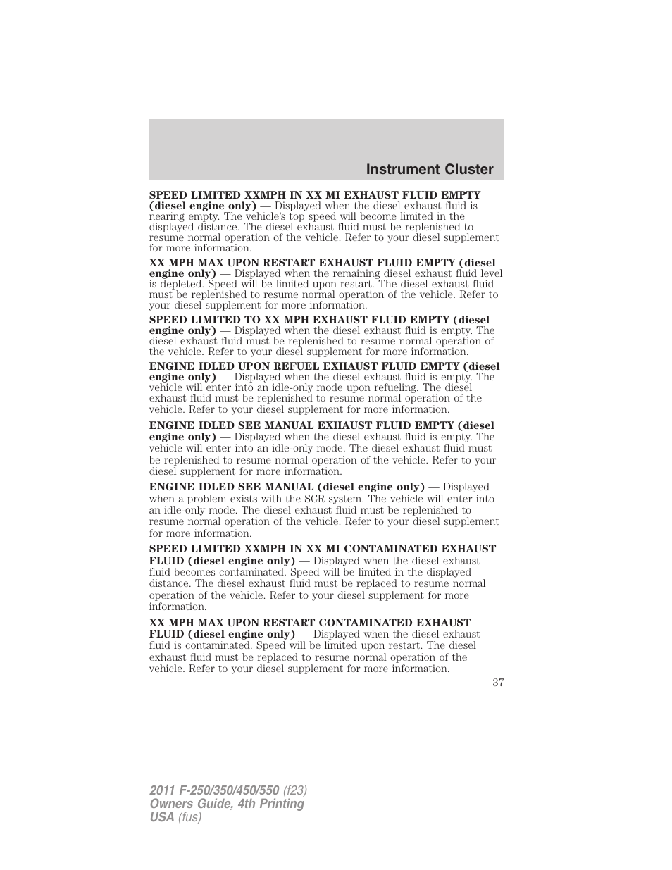 Instrument cluster | FORD 2011 F-550 v.4 User Manual | Page 37 / 449