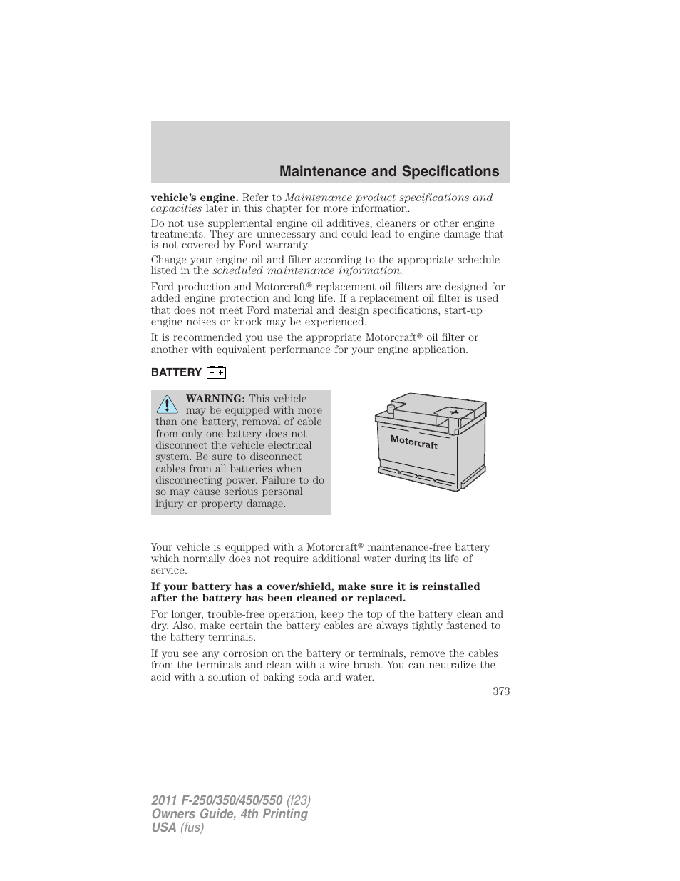 Battery, Maintenance and specifications | FORD 2011 F-550 v.4 User Manual | Page 373 / 449