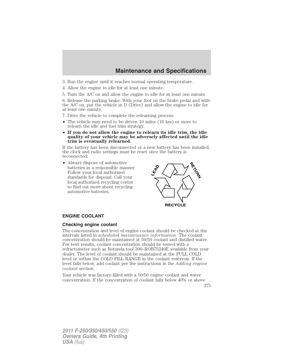 Engine coolant, Checking engine coolant, Maintenance and specifications | FORD 2011 F-550 v.4 User Manual | Page 375 / 449