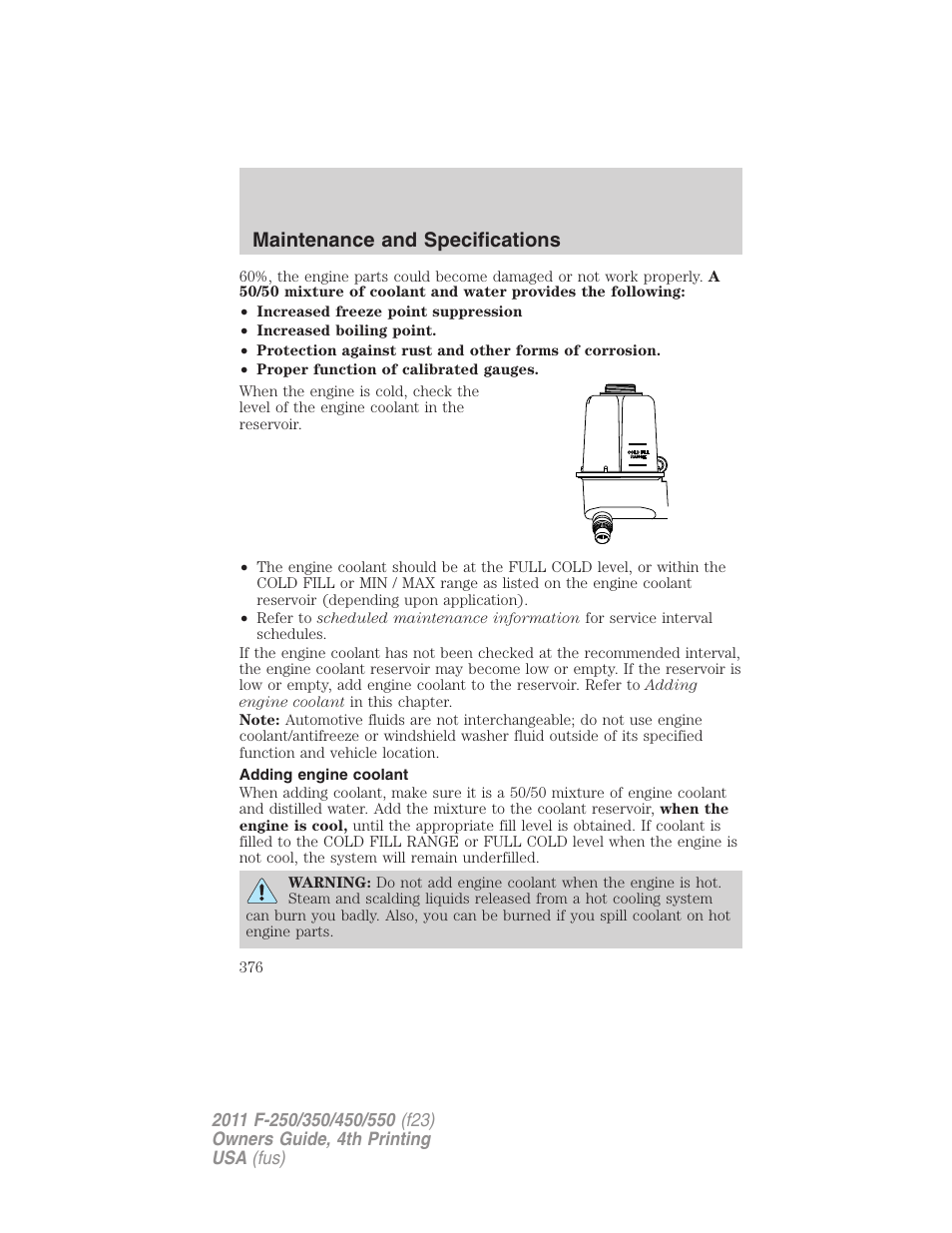 Adding engine coolant, Maintenance and specifications | FORD 2011 F-550 v.4 User Manual | Page 376 / 449