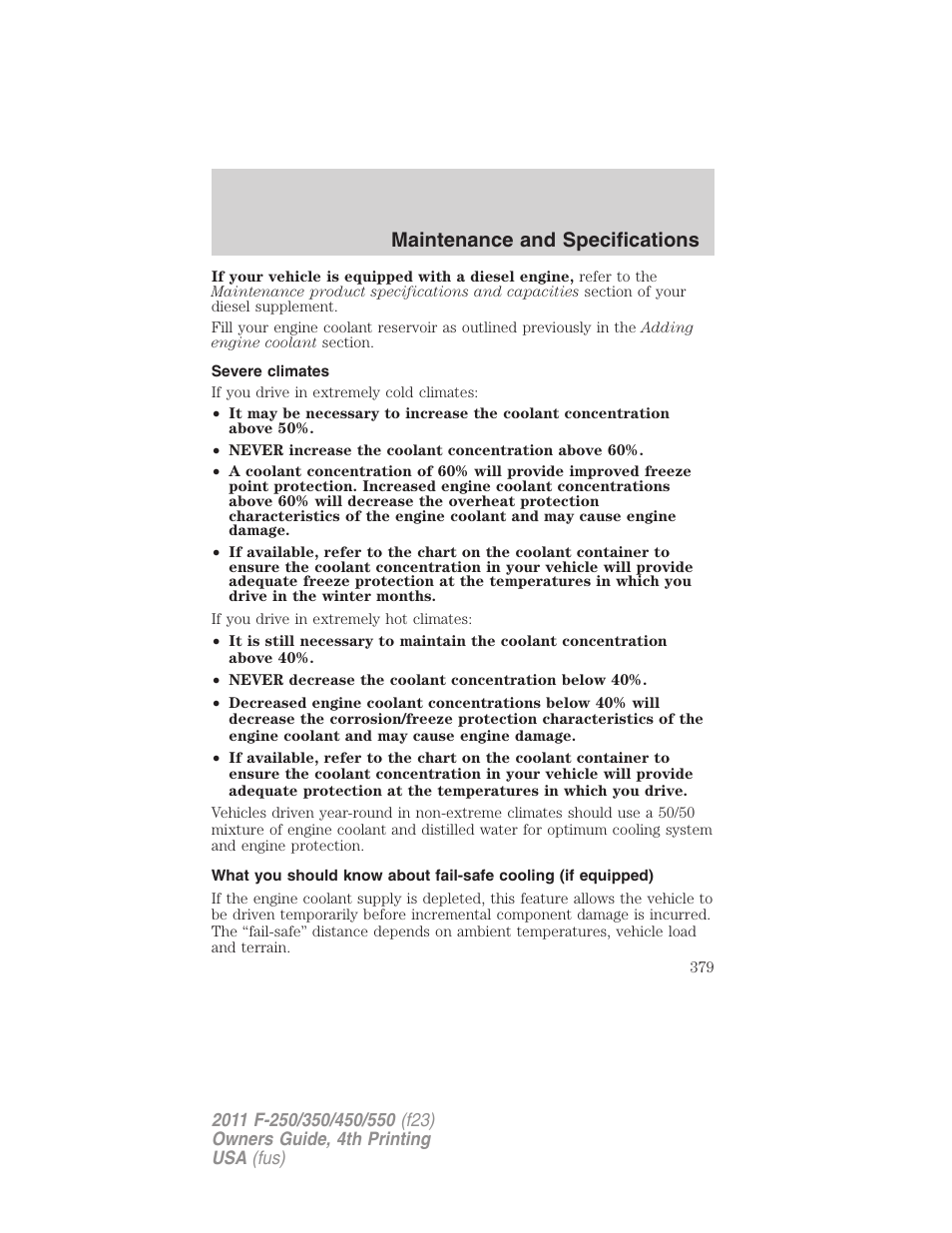 Severe climates, Maintenance and specifications | FORD 2011 F-550 v.4 User Manual | Page 379 / 449