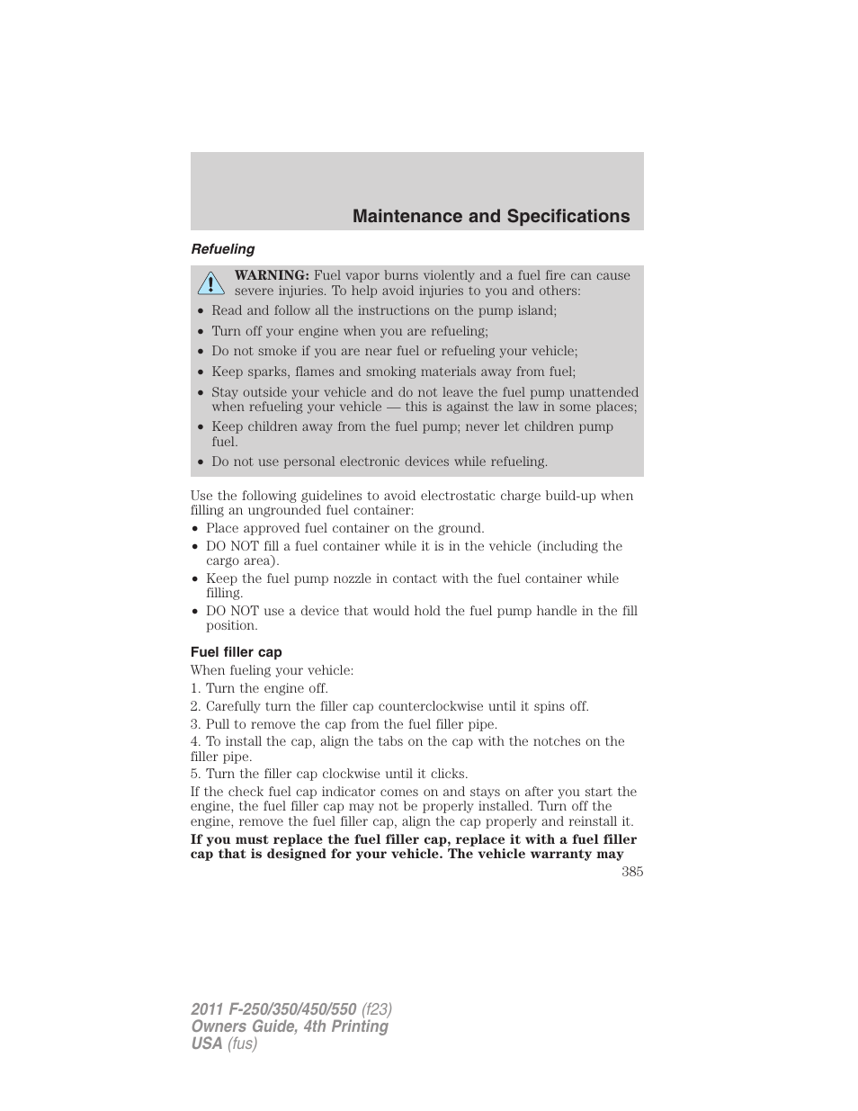 Refueling, Fuel filler cap, Maintenance and specifications | FORD 2011 F-550 v.4 User Manual | Page 385 / 449