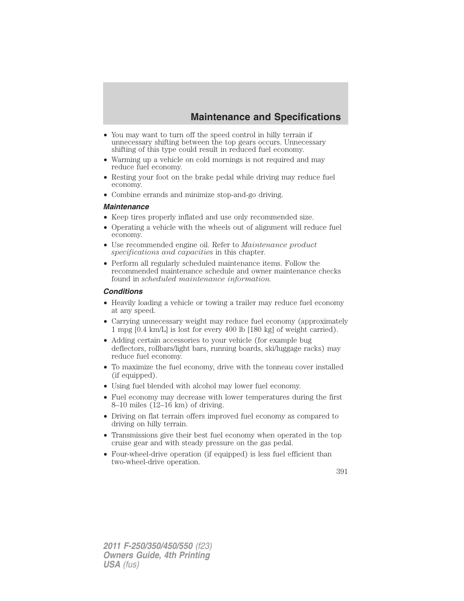 Maintenance, Conditions, Maintenance and specifications | FORD 2011 F-550 v.4 User Manual | Page 391 / 449