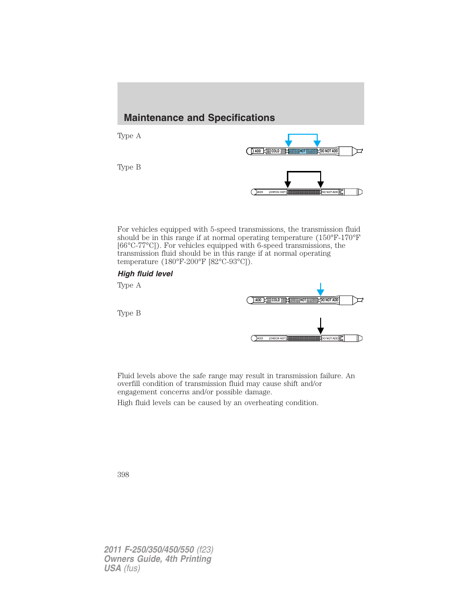 High fluid level, Maintenance and specifications | FORD 2011 F-550 v.4 User Manual | Page 398 / 449