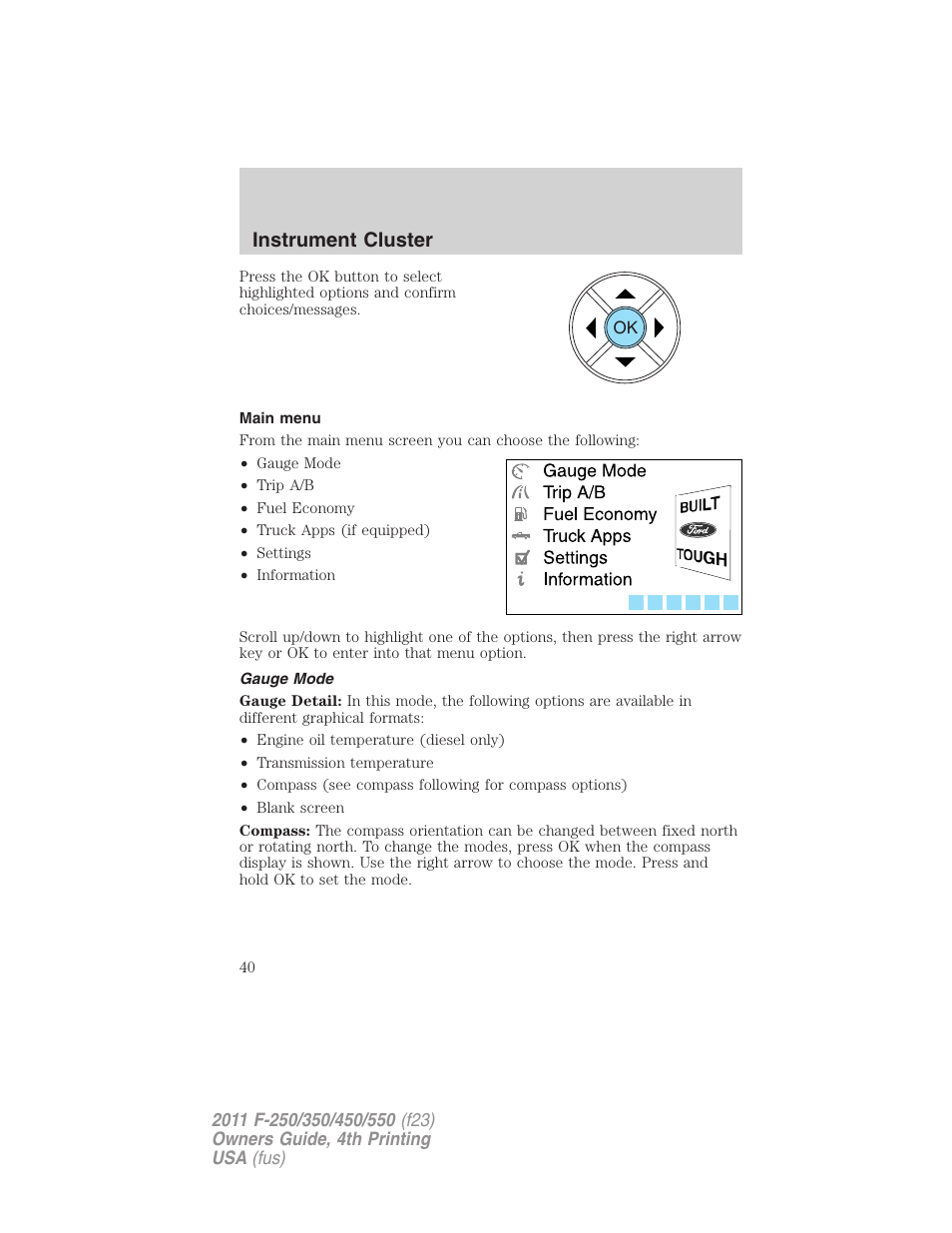 Main menu, Gauge mode, Instrument cluster | FORD 2011 F-550 v.4 User Manual | Page 40 / 449