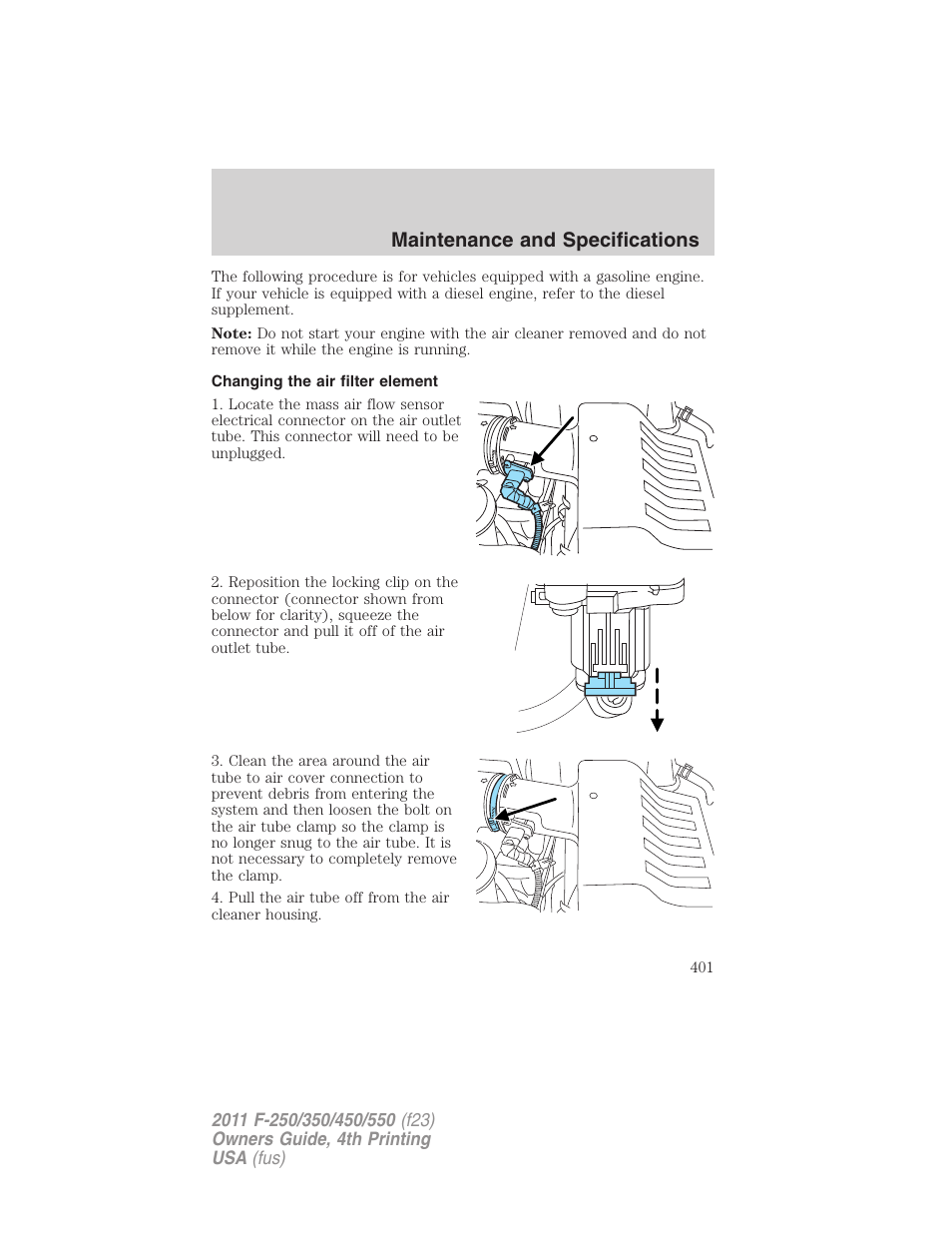 Changing the air filter element, Air filter(s), Maintenance and specifications | FORD 2011 F-550 v.4 User Manual | Page 401 / 449