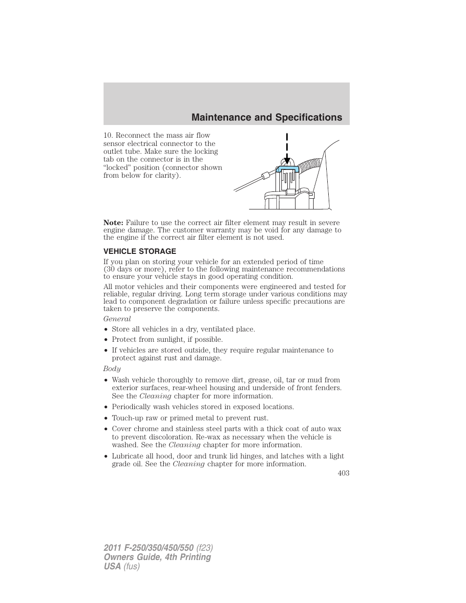 Vehicle storage, Maintenance and specifications | FORD 2011 F-550 v.4 User Manual | Page 403 / 449