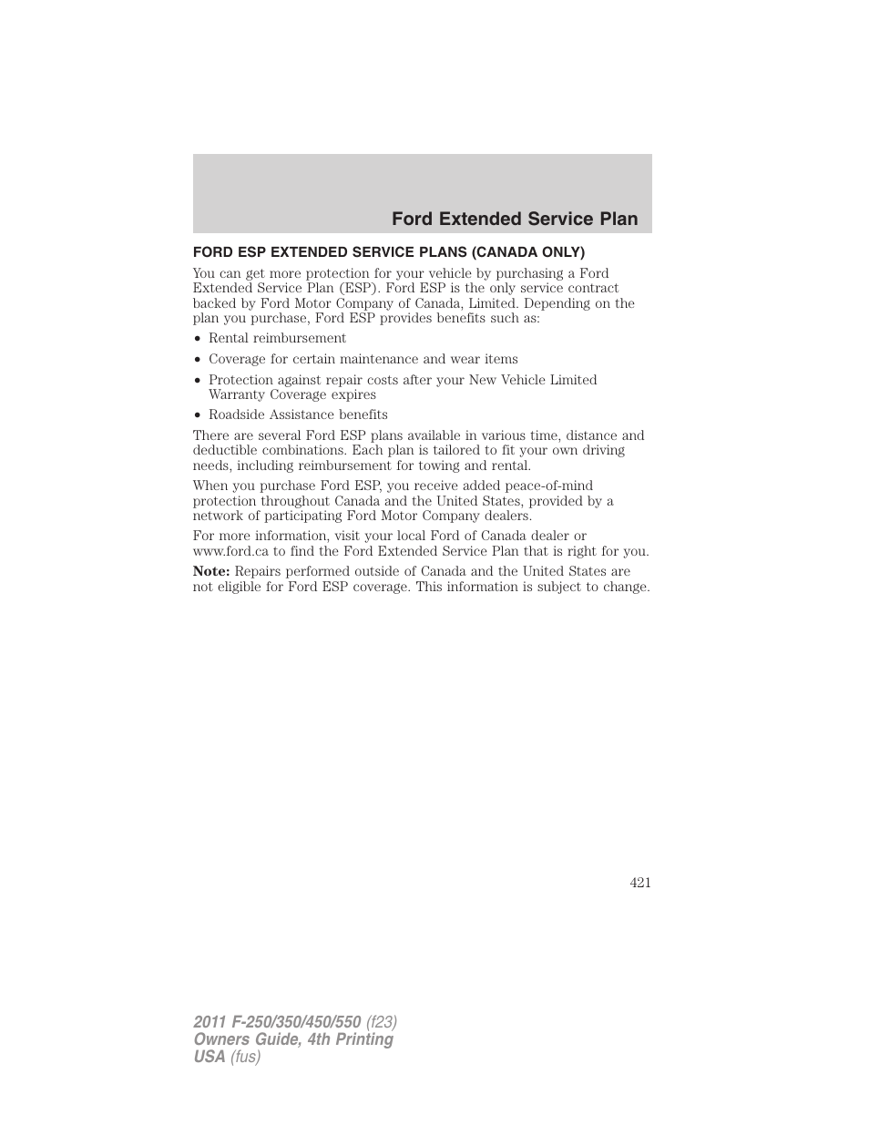 Ford esp extended service plans (canada only), Ford extended service plan | FORD 2011 F-550 v.4 User Manual | Page 421 / 449