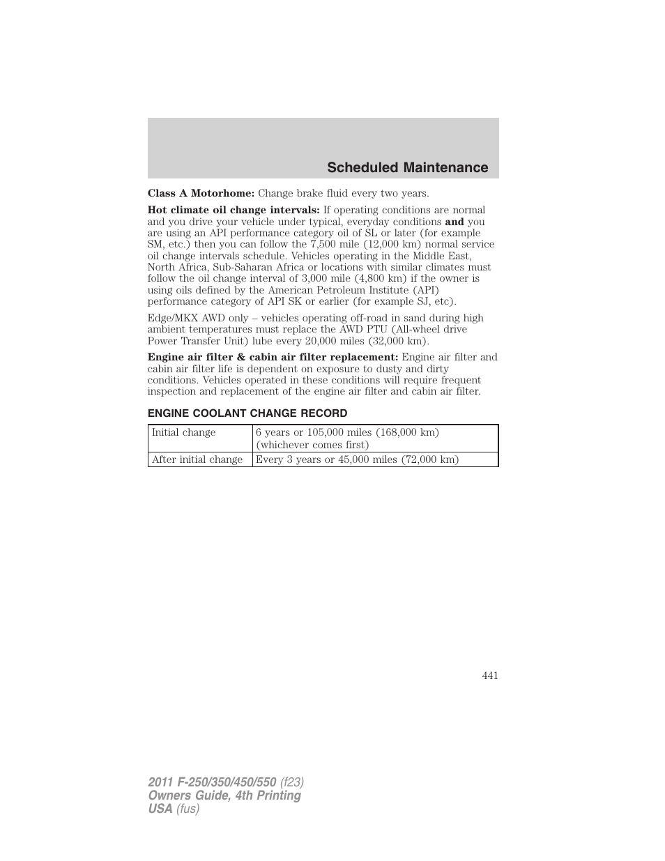 Engine coolant change record, Scheduled maintenance | FORD 2011 F-550 v.4 User Manual | Page 441 / 449