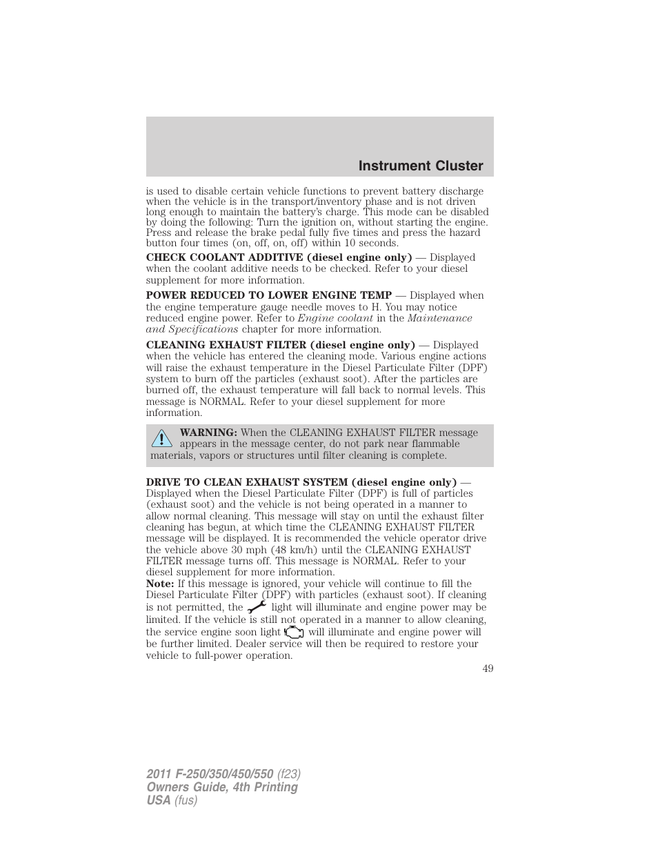 Instrument cluster | FORD 2011 F-550 v.4 User Manual | Page 49 / 449