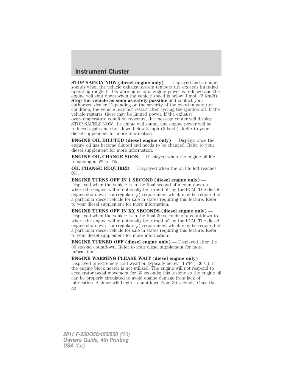 Instrument cluster | FORD 2011 F-550 v.4 User Manual | Page 50 / 449