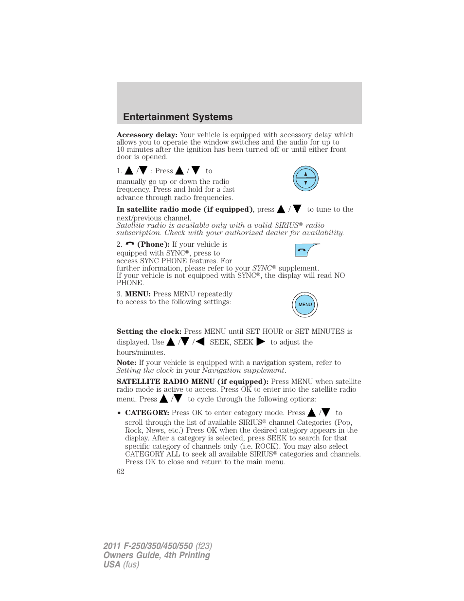 Entertainment systems | FORD 2011 F-550 v.4 User Manual | Page 62 / 449