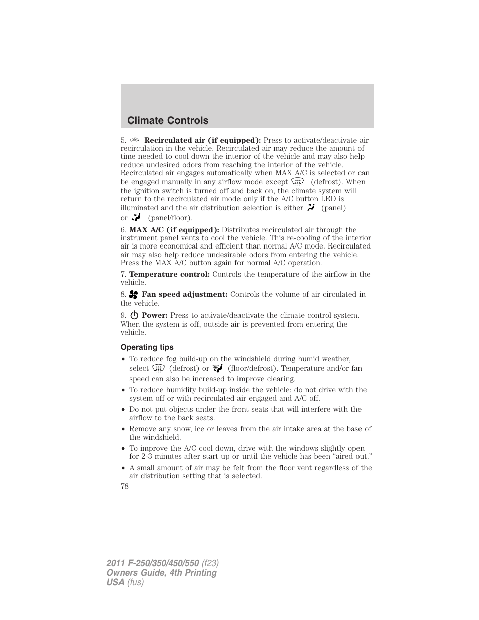 Operating tips, Climate controls | FORD 2011 F-550 v.4 User Manual | Page 78 / 449