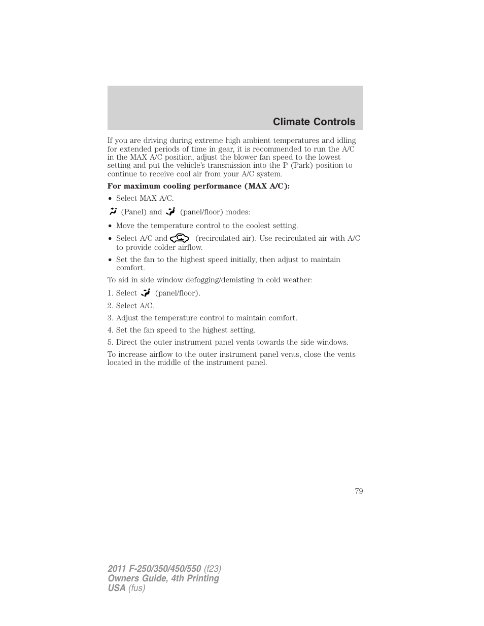 Climate controls | FORD 2011 F-550 v.4 User Manual | Page 79 / 449