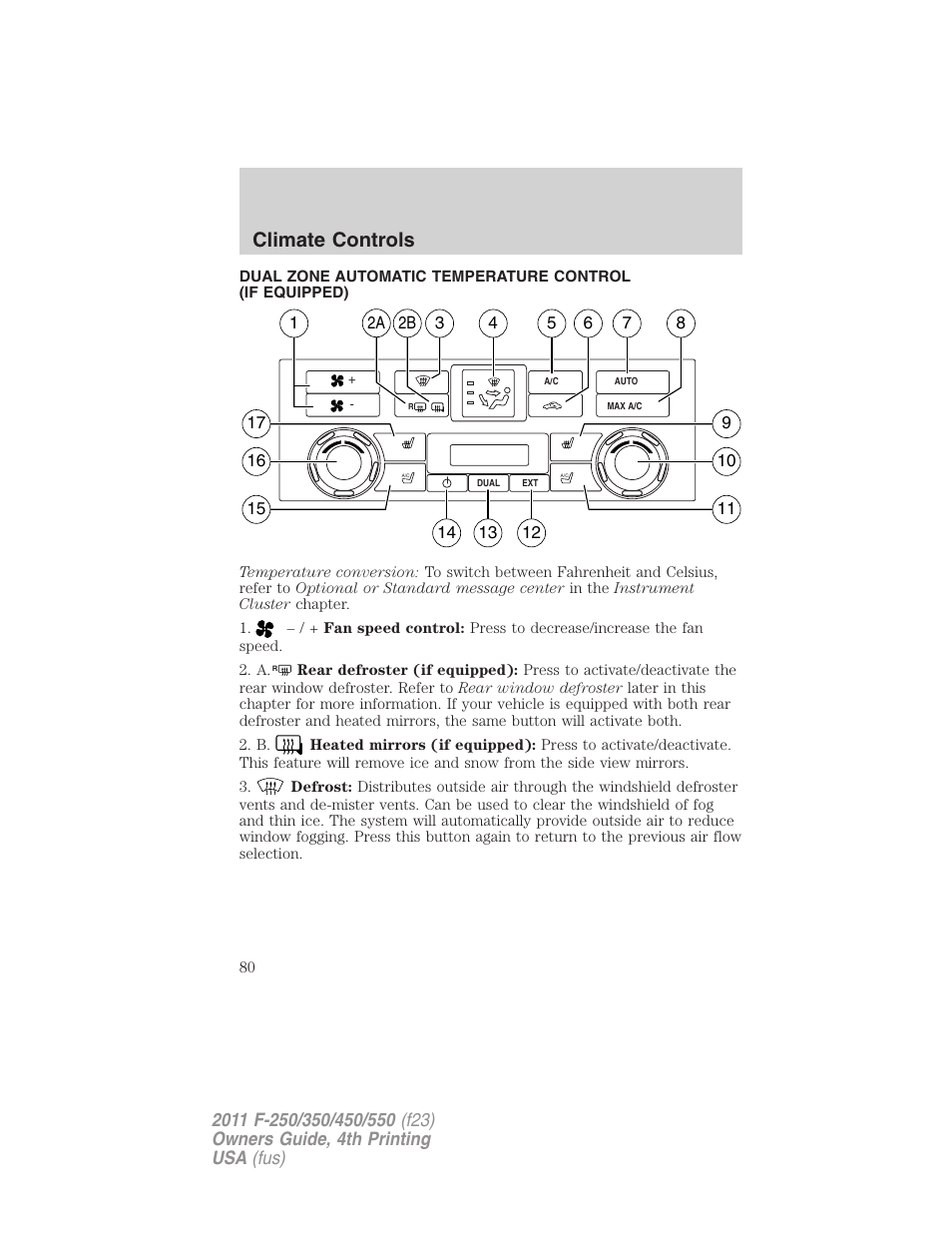 Dual electronic automatic temperature control, Climate controls | FORD 2011 F-550 v.4 User Manual | Page 80 / 449