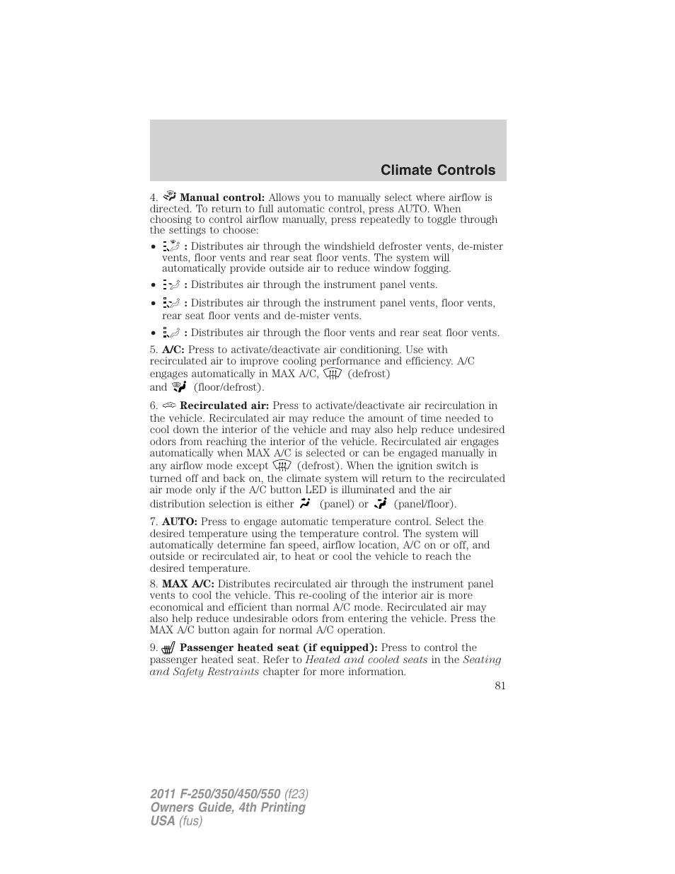 Climate controls | FORD 2011 F-550 v.4 User Manual | Page 81 / 449