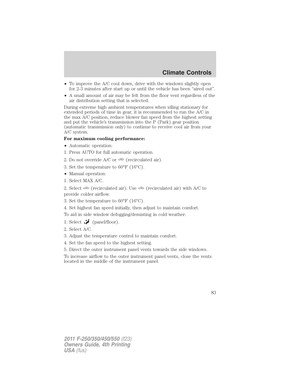 Climate controls | FORD 2011 F-550 v.4 User Manual | Page 83 / 449