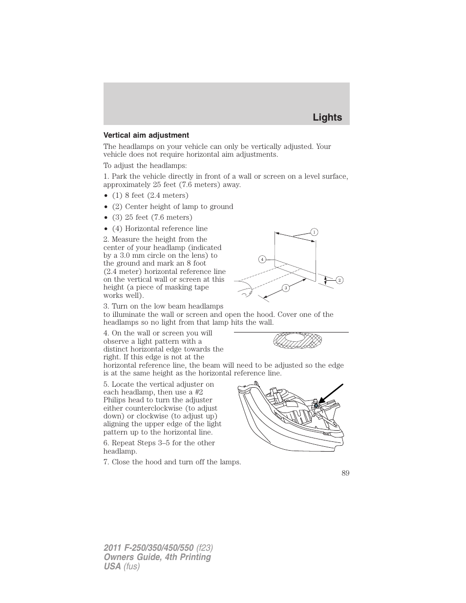 Vertical aim adjustment, Lights | FORD 2011 F-550 v.4 User Manual | Page 89 / 449