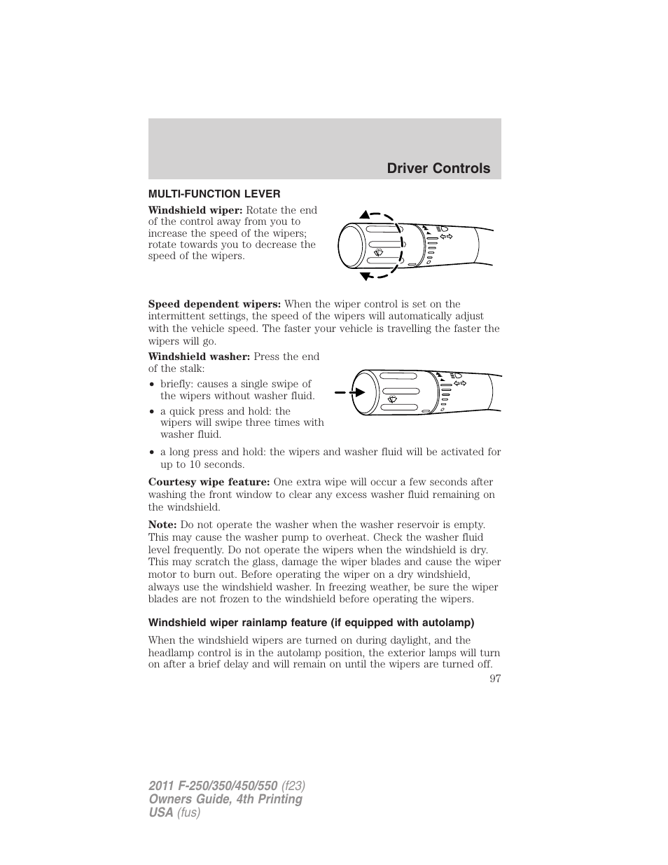 Driver controls, Multi-function lever, Windshield wiper/washer control | FORD 2011 F-550 v.4 User Manual | Page 97 / 449