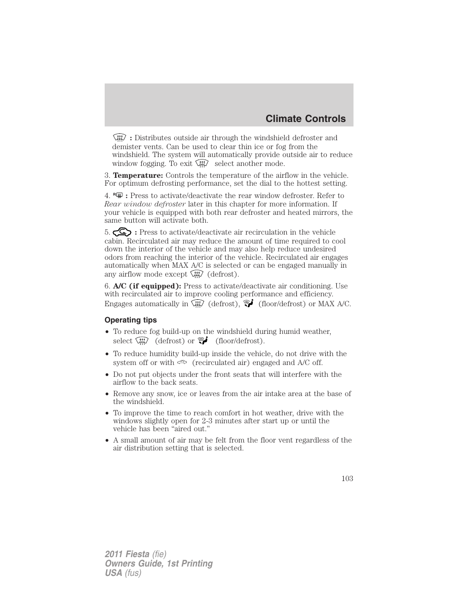 Operating tips, Climate controls | FORD 2011 Fiesta v.1 User Manual | Page 103 / 357