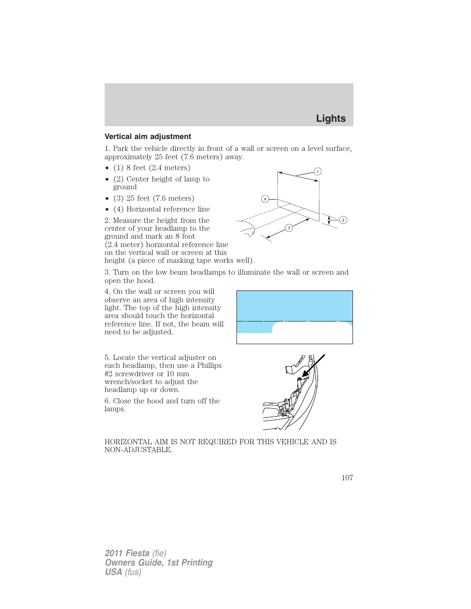 Vertical aim adjustment, Lights | FORD 2011 Fiesta v.1 User Manual | Page 107 / 357