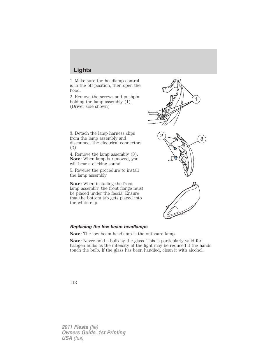 Replacing the low beam headlamps, Lights | FORD 2011 Fiesta v.1 User Manual | Page 112 / 357