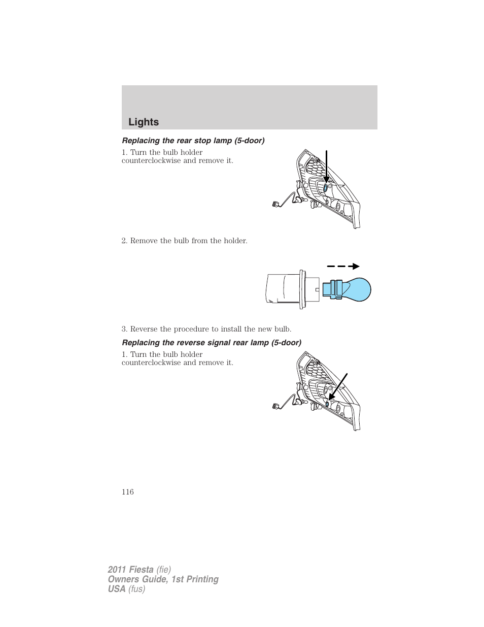 Replacing the rear stop lamp (5-door), Replacing the reverse signal rear lamp (5-door), Lights | FORD 2011 Fiesta v.1 User Manual | Page 116 / 357