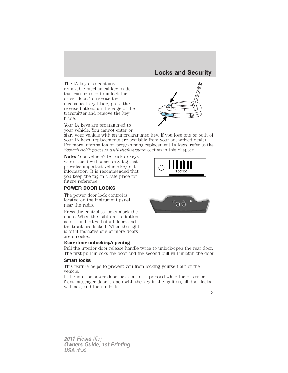 Power door locks, Smart locks, Locks | Locks and security | FORD 2011 Fiesta v.1 User Manual | Page 131 / 357