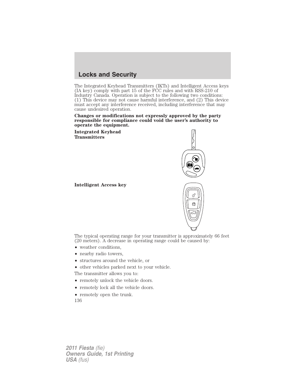 Locks and security | FORD 2011 Fiesta v.1 User Manual | Page 136 / 357