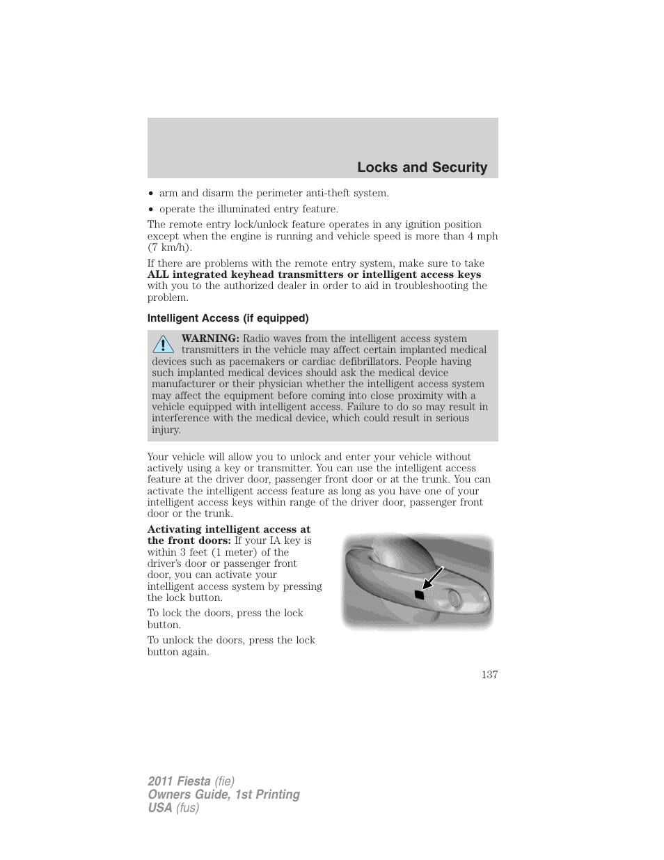 Intelligent access (if equipped), Locks and security | FORD 2011 Fiesta v.1 User Manual | Page 137 / 357