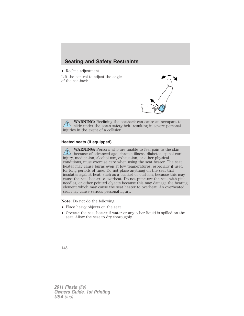 Heated seats (if equipped), Seating and safety restraints | FORD 2011 Fiesta v.1 User Manual | Page 148 / 357